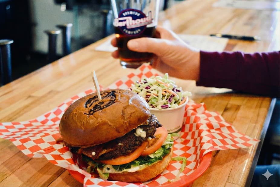 A smash burger and slaw beside a Berthoud pint